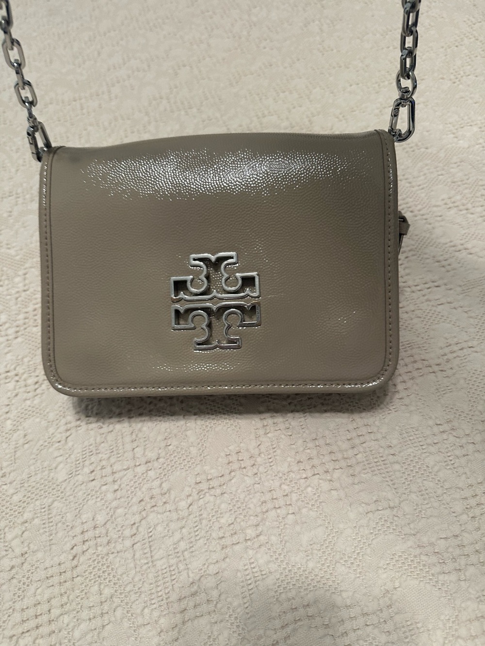 Tory Burch Britten French Gray Patent Leather Crossbody with Silver Logo